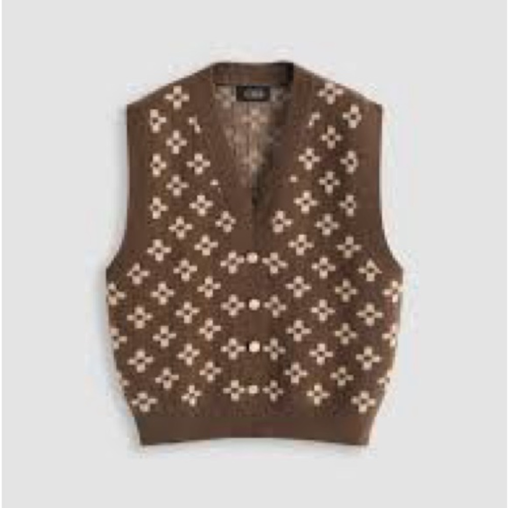 Cider Brown Floral Retro Crop Sweater Vest Designer LV S - Picture 1 of 7